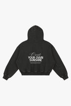 hoodie preta com arte "Ceate your own sunshine" em glitter branco