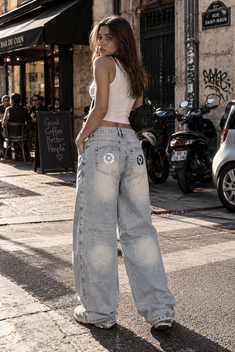 Barrel-Leg Jeans with a Vintage Wash and Sun-Faded Effect