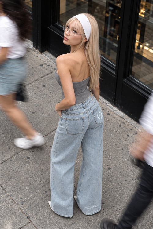 Calça de ganga Unissexo de Corte Reto com Lavagem Vintage