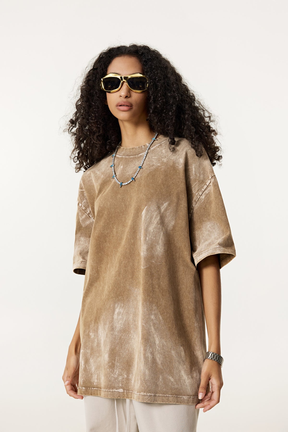 260GSM Unisex Painted Pigment-Wash T-shirt Coffee Brown