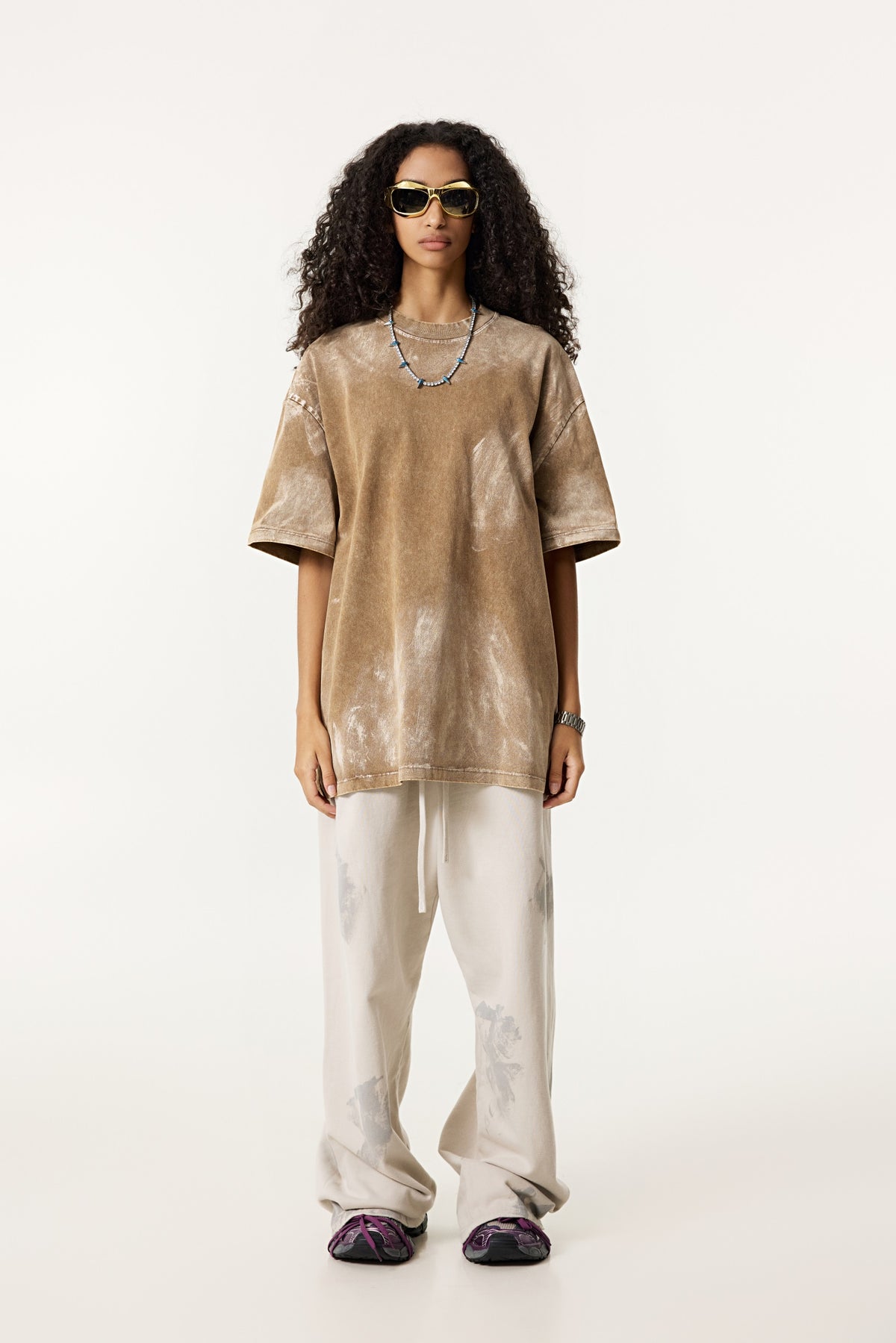 260GSM Unisex Painted Pigment-Wash T-shirt Coffee Brown
