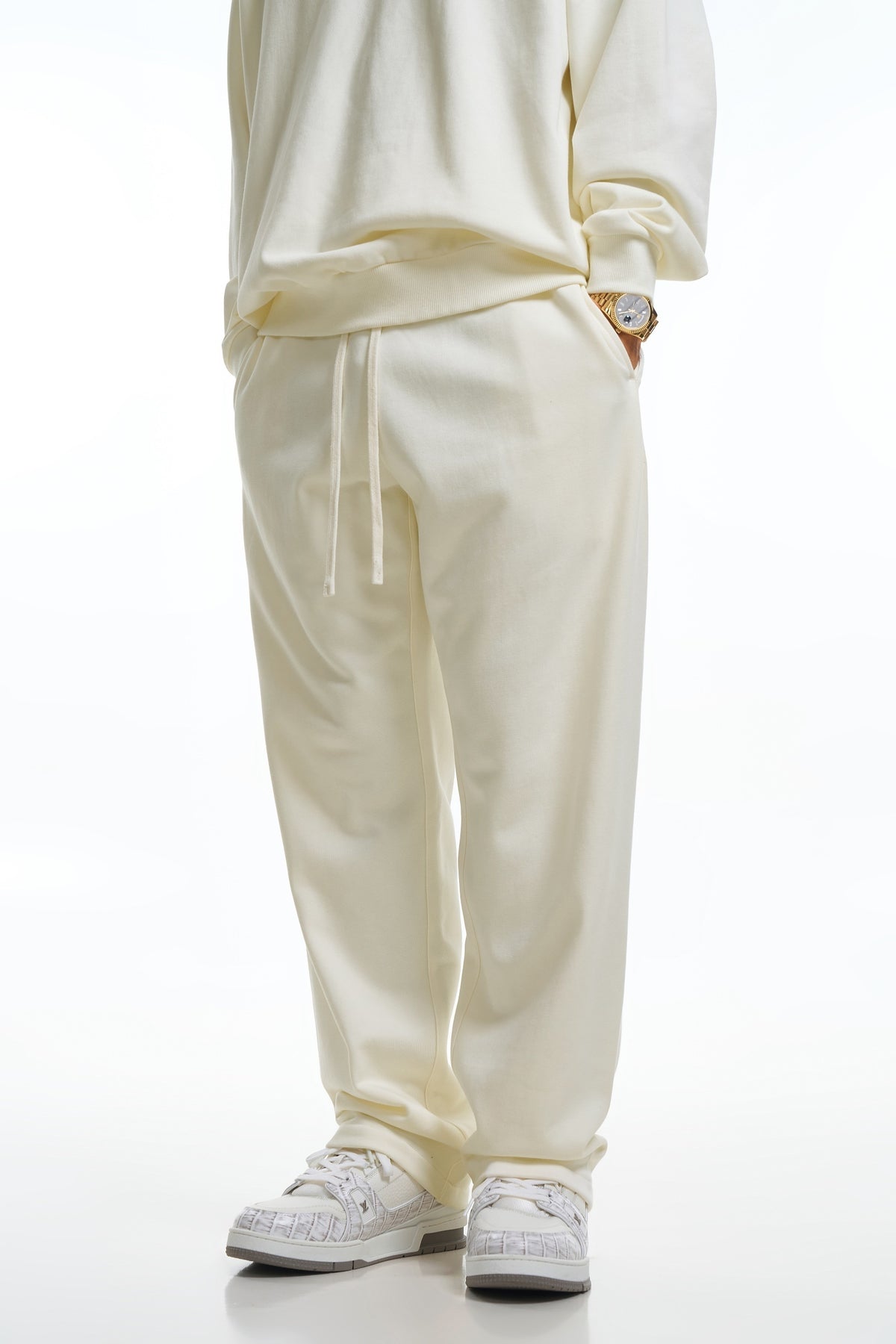 360GSM Men's Clean Solid Terry Straight-Fit Pants Cream White