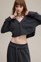 320GSM Women’s Pigment-Wash Hooded  Pleated V-Neck Hoodie Dark gray