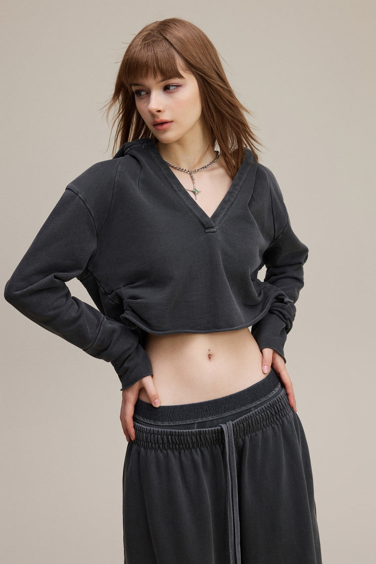 320GSM Women’s Pigment-Wash Hooded  Pleated V-Neck Hoodie Dark gray