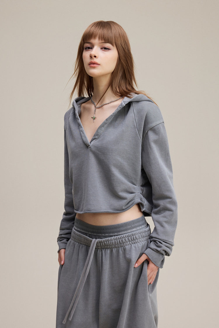 320GSM Women’s Pigment-Wash Hooded  Pleated V-Neck Hoodie Medium gray