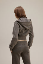 400GSM Women's Slim-Fit Pigment-Wash Zip-Up Hoodie with Detachable Hood Coffee