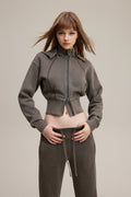 400GSM Women's Slim-Fit Pigment-Wash Zip-Up Hoodie with Detachable Hood Coffee