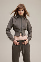400GSM Women's Slim-Fit Pigment-Wash Zip-Up Hoodie with Detachable Hood Coffee