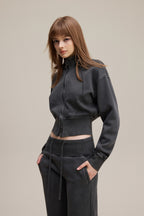400GSM Women's Slim-Fit Pigment-Wash Zip-Up Hoodie with Detachable Hood Dark gray