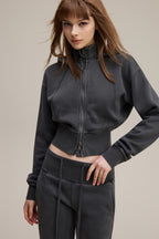400GSM Women's Slim-Fit Pigment-Wash Zip-Up Hoodie with Detachable Hood Dark gray