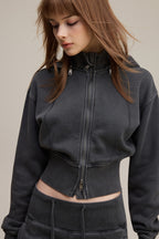 400GSM Women's Slim-Fit Pigment-Wash Zip-Up Hoodie with Detachable Hood Dark gray