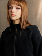 400GSM Women's Slim-Fit Pigment-Wash Zip-Up Hoodie with Detachable Hood Snow wash