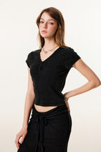 275GSM Women’s V-Neck Ski-Inspired Distressed-Wash T-shirt Snow wash