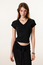 275GSM Women’s V-Neck Ski-Inspired Distressed-Wash T-shirt Snow wash