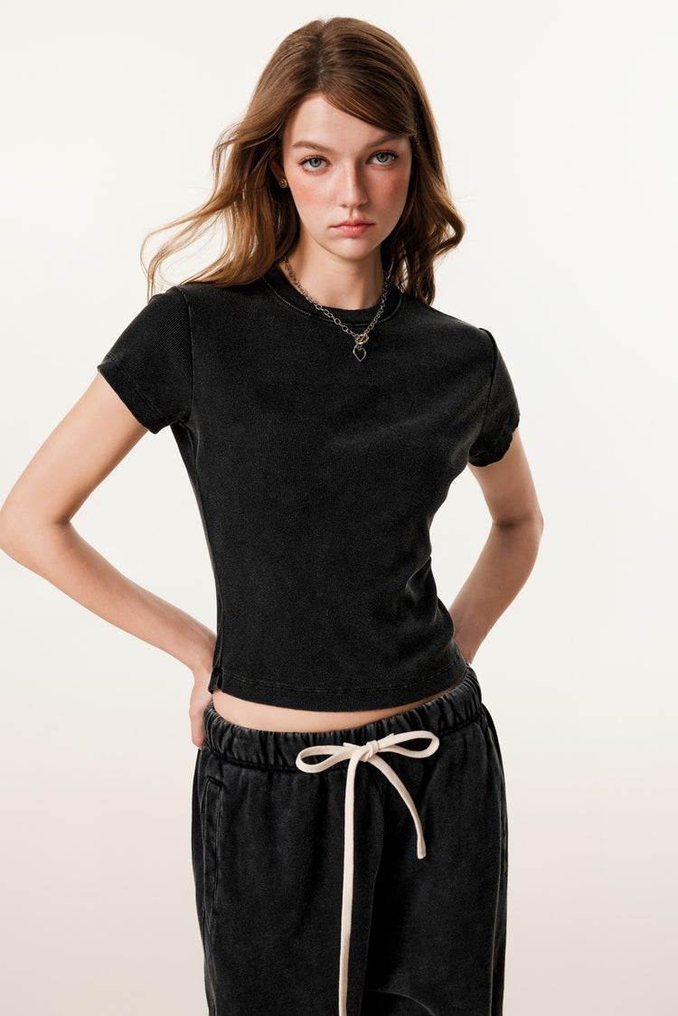 275GSM Women’s Figure-Flattering Straight Shoulder T-shirt Snow wash