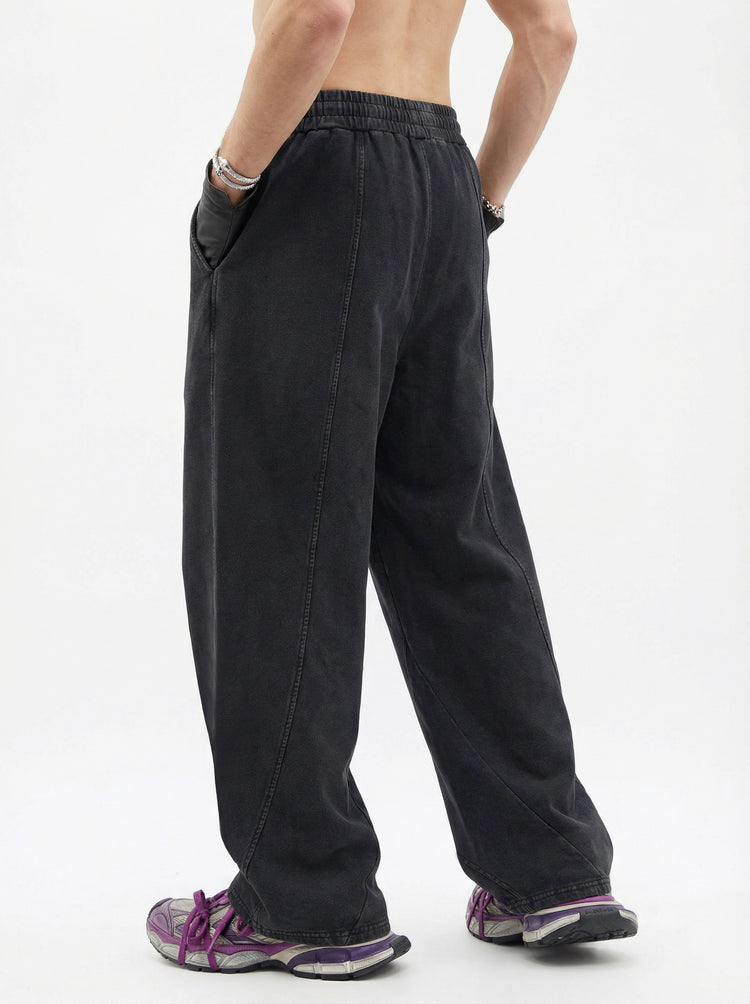 320GSM Men's Textured Denim Curved Panel Straight Pants Snow Washed Black
