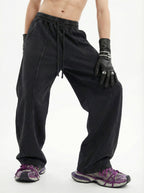 320GSM Men's Textured Denim Curved Panel Straight Pants Snow Washed Black