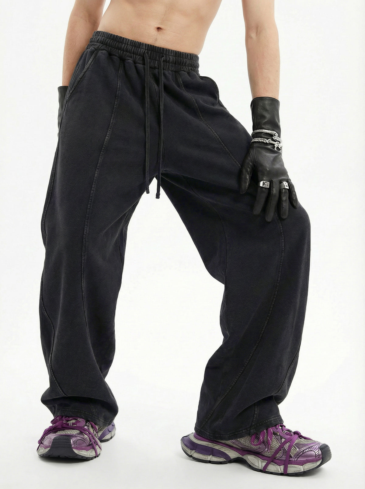 320GSM Men's Textured Denim Curved Panel Straight Pants Snow Washed Black