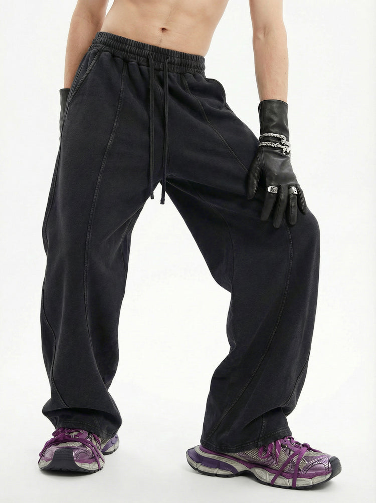 320GSM Men's Textured Denim Curved Panel Straight Pants Snow Washed Black
