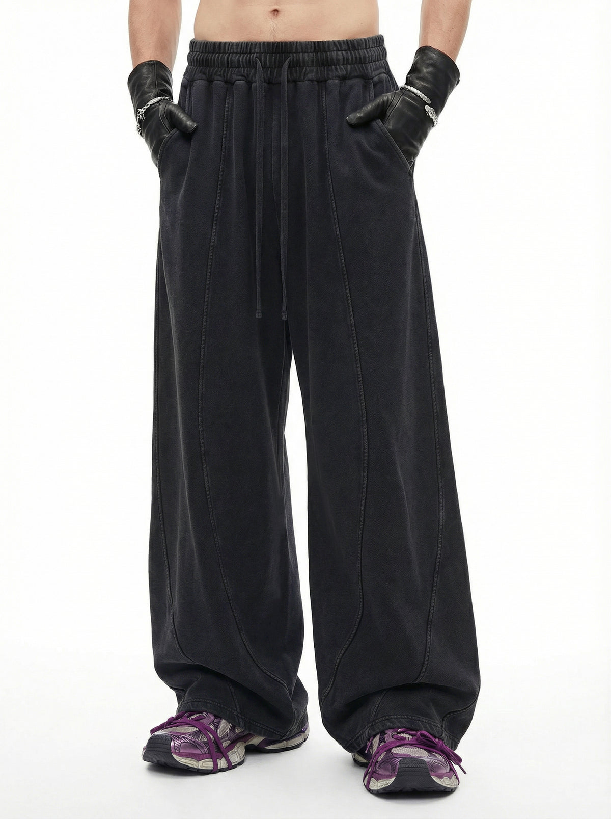 320GSM Men's Textured Denim Curved Panel Straight Pants Snow Washed Black