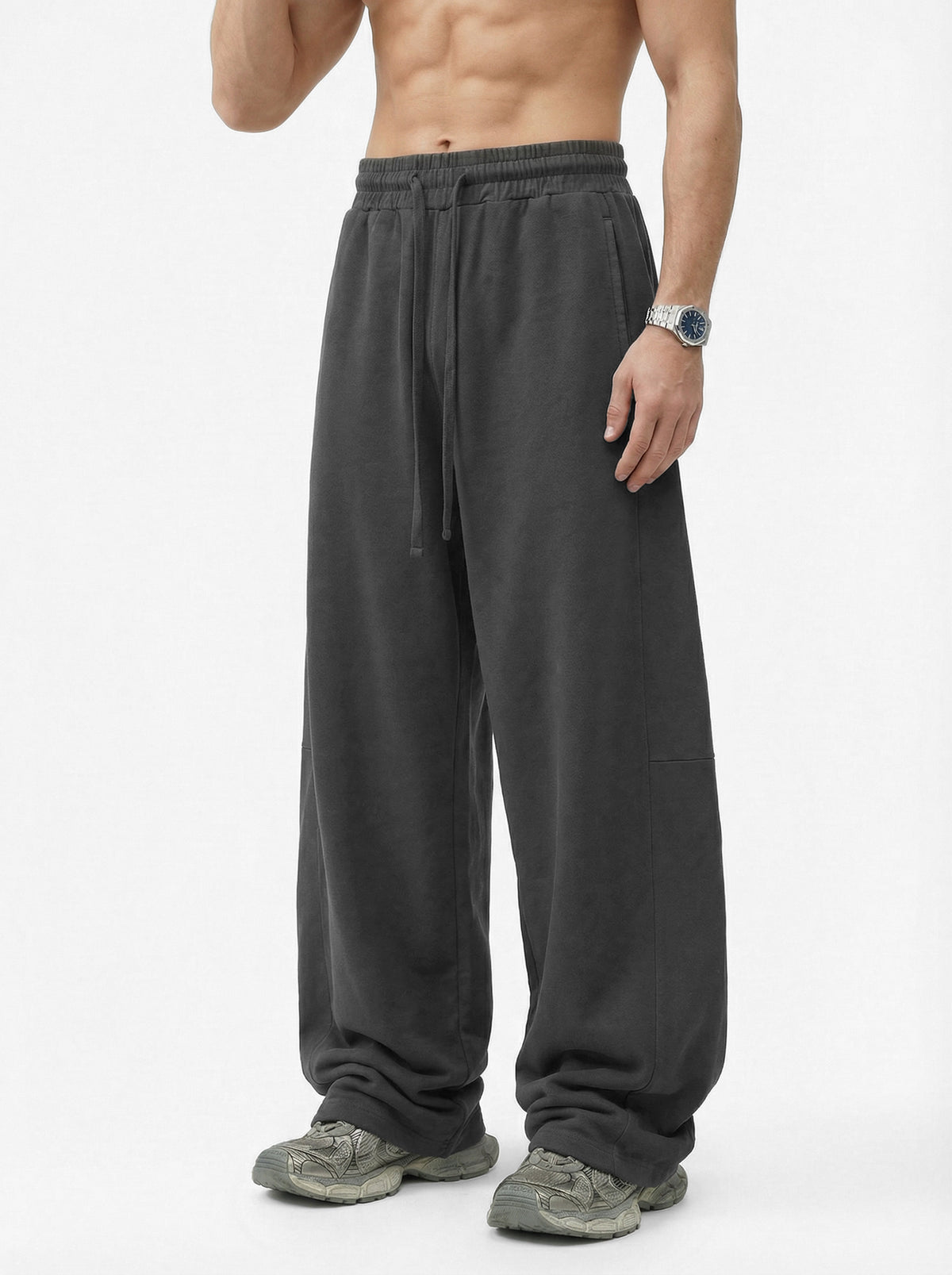 320GSM Men's Textured Denim Curved Panel Pants Dark Gray