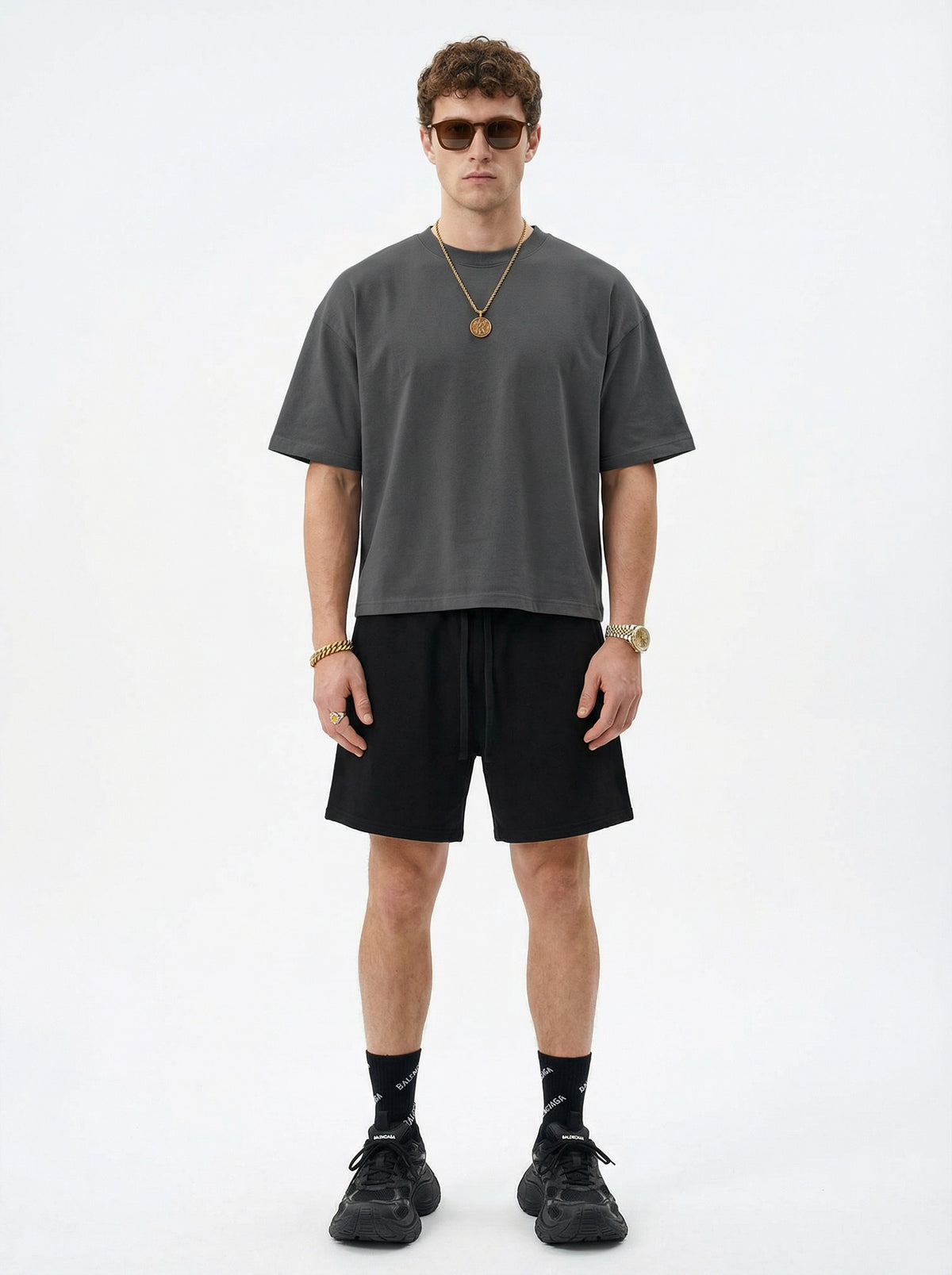 230GSM Men's Combed Cotton Plain Knit Boxy T-Shirt Dark Gray