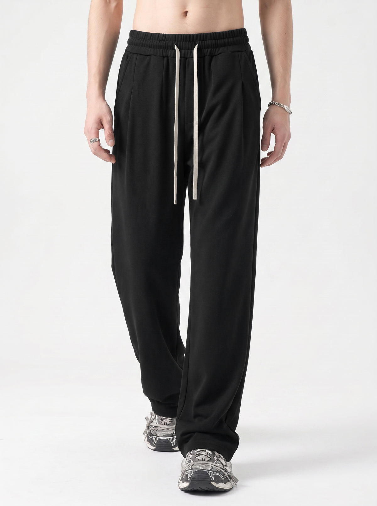 320GSM Men's Old Money Textured Straight-Leg Pants Black