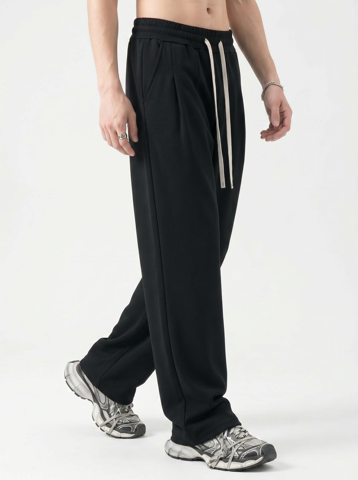 320GSM Men's Old Money Textured Straight-Leg Pants Black