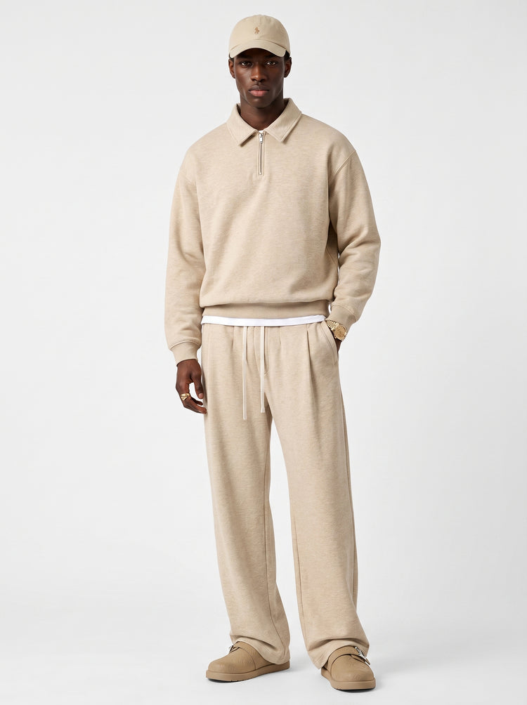 320GSM Men's Old Money Convertible-Collar Half-Zip Polo Sweatshirt Haze Gold