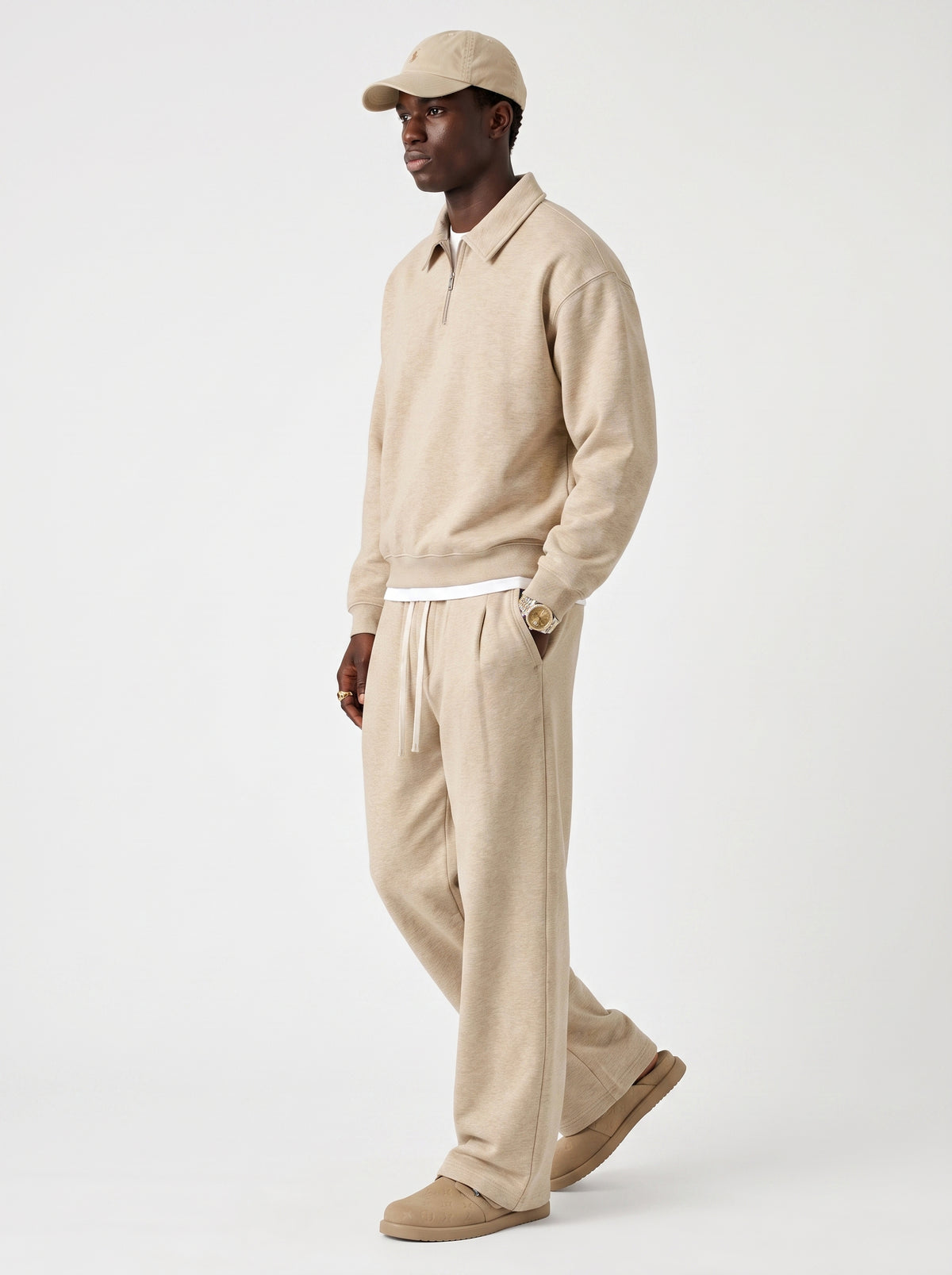 320GSM Men's Old Money Convertible-Collar Half-Zip Polo Sweatshirt Haze Gold