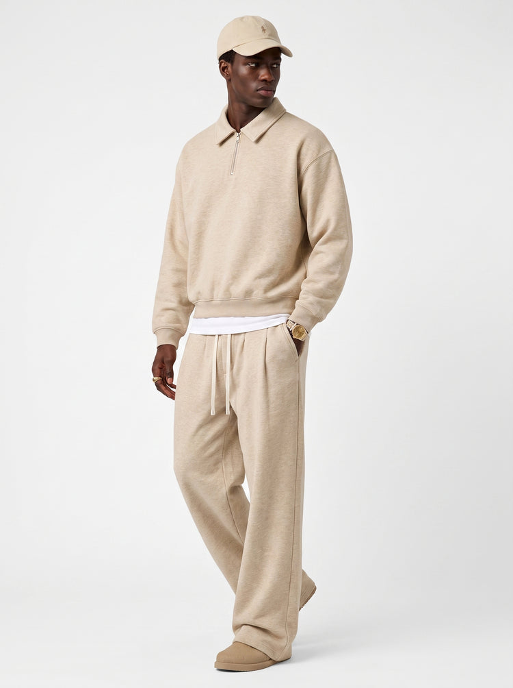 320GSM Men's Old Money Convertible-Collar Half-Zip Polo Sweatshirt Haze Gold