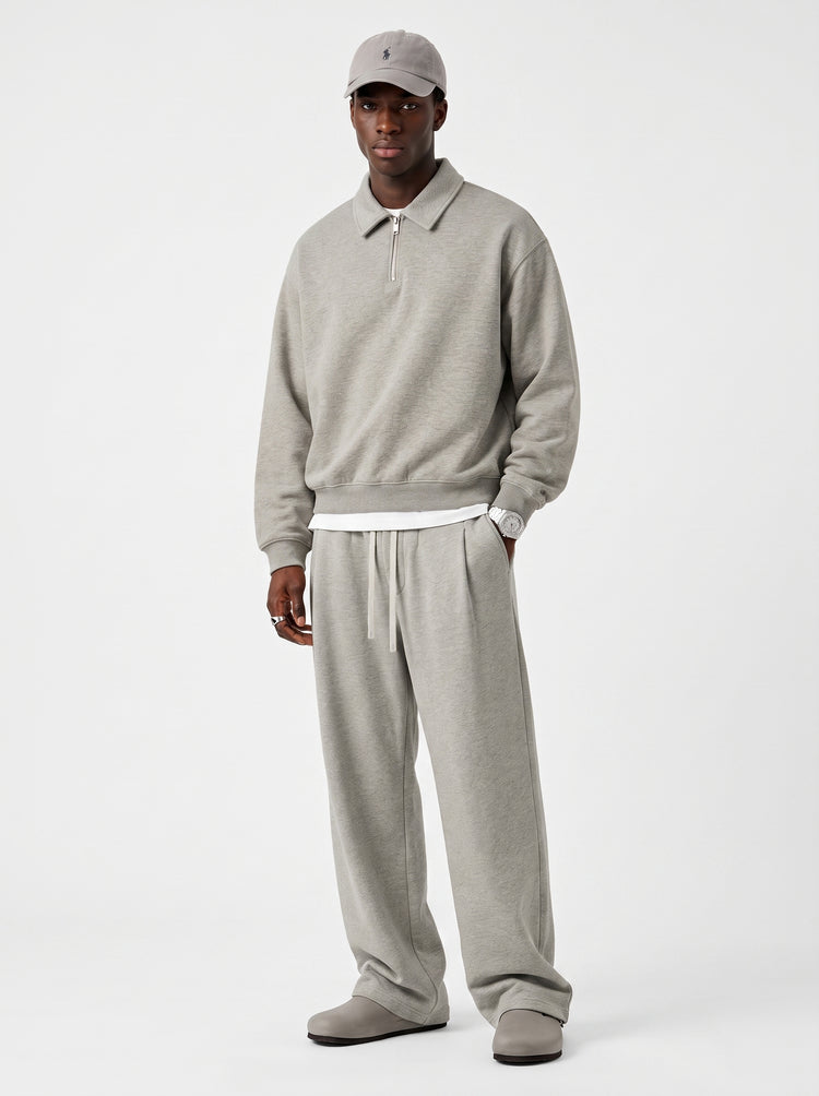320GSM Men's Old Money Convertible-Collar Half-Zip Polo Sweatshirt Oat Gray