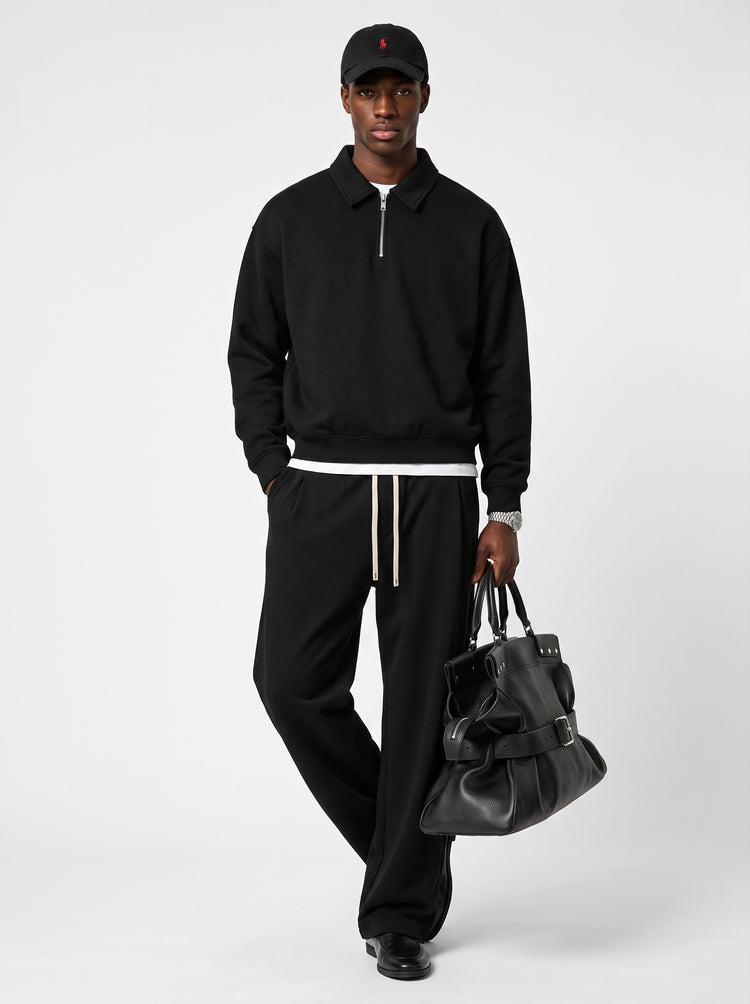 320GSM Men's Old Money Convertible-Collar Half-Zip Polo Sweatshirt Black