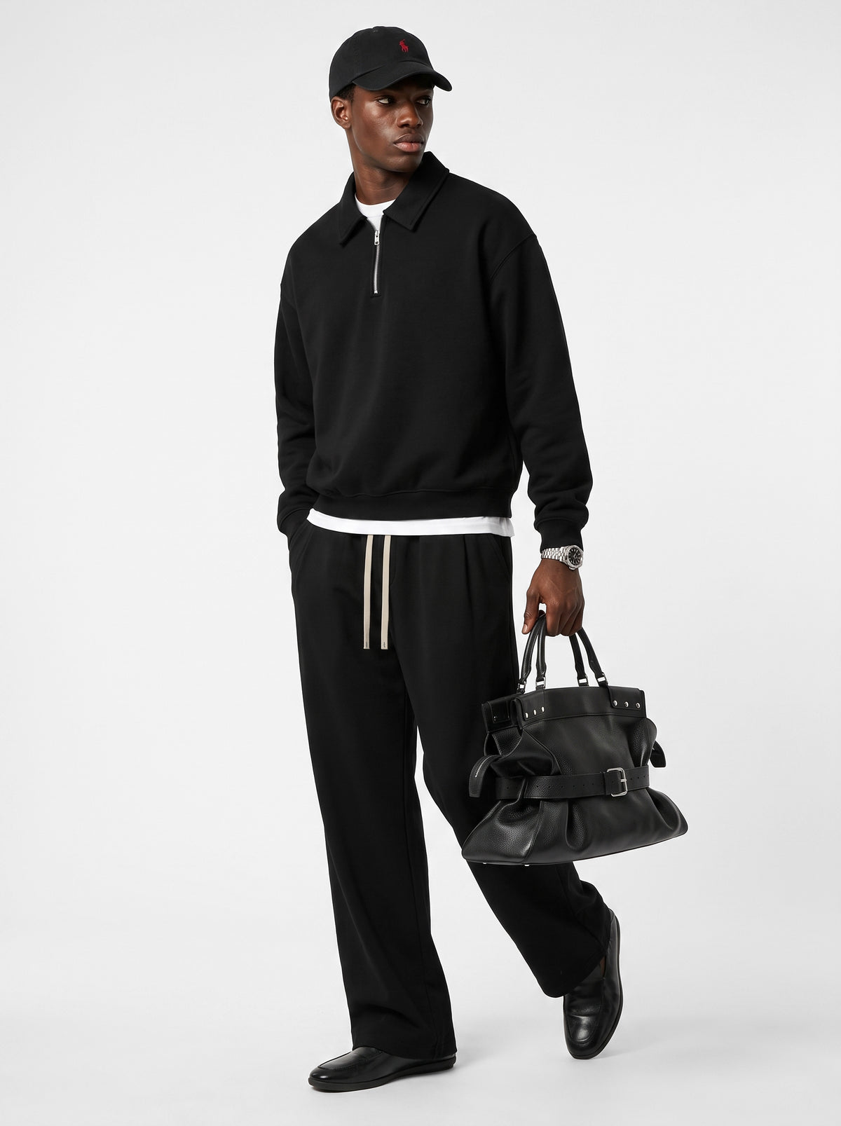320GSM Men's Old Money Convertible-Collar Half-Zip Polo Sweatshirt Black