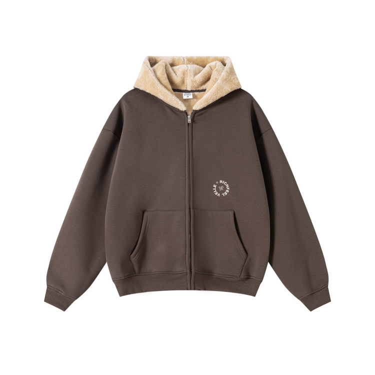 560GSM Unisex Composite Fleece Zip-Up Hoodie Brown